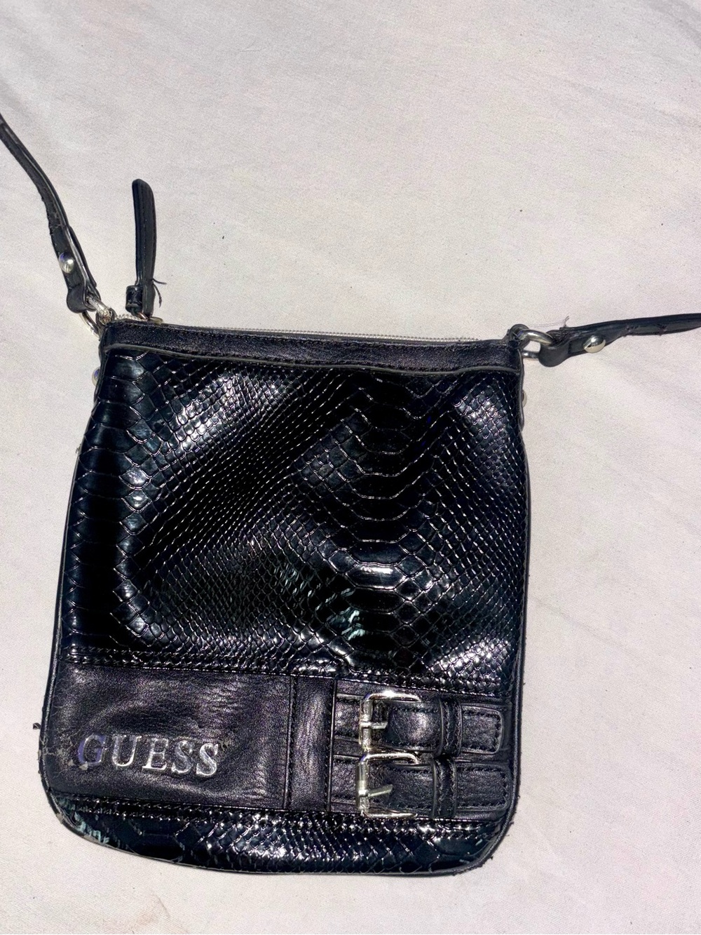 GUESS Barletta Black Crossboby Snake Skin Purse Messenger Handbag w/ Buckles